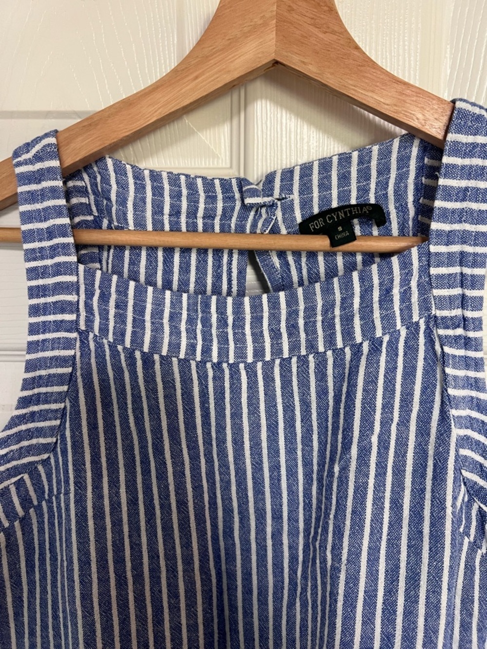 For Cynthia Women’s Blue White Stripe Linen Sleeveless Shift Dress Side Buttons - Picture 3 of 16